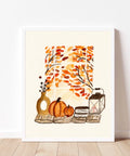 Herbstfenster – Aquarell Art Print mit Kürbissen & Herbstdeko